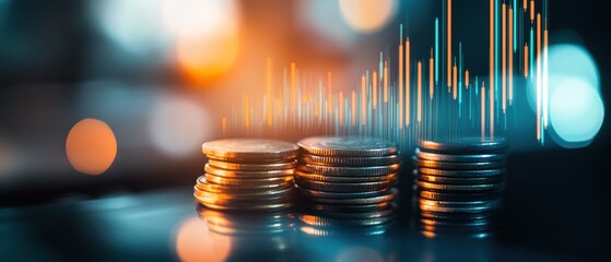 Coins stacked with a digital financial chart displaying market trends and profits. Concept of investment growth, currency value, and economic analysis in finance.