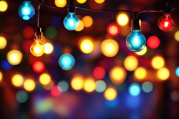 Colorful Festive String Lights Glowing in the Dark with Vibrant Bokeh Background