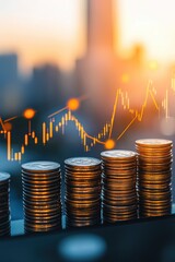 Coins stacked with financial chart overlay representing investment growth, wealth management, and market trends in banking or trading sectors for economic success.
