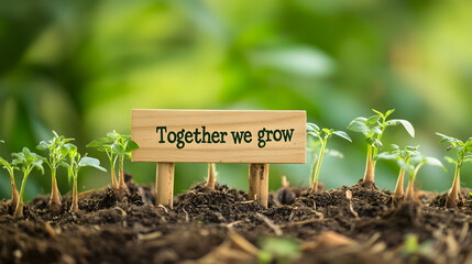 Wooden sign with text "Together we grow" on a green background of seedlings growing in the soil, a business concept for growth and development