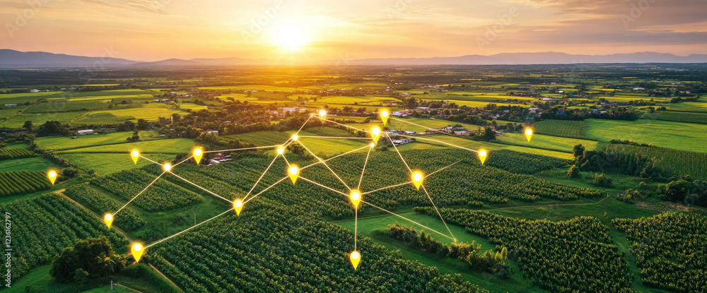 Poster aerial view of a lush farm landscape at sunset with a network of glowing location pins, symbolizing 