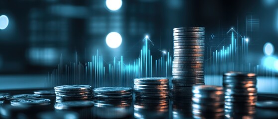 Coins stacked with financial graph overlay showing growth in investments, stock market analysis, and digital currency trends for effective revenue strategies.