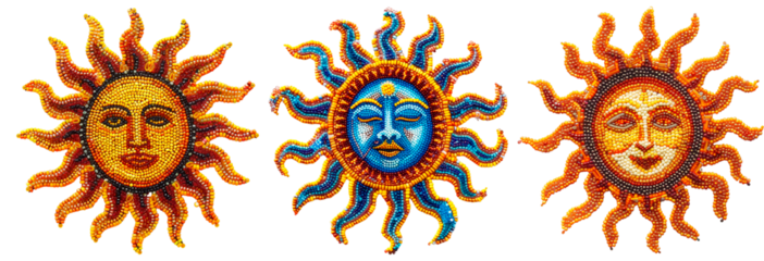 Handcrafted beaded sun designs with intricate details, vibrant orange and blue tones, and radiant patterns on a transparent background. Perfect for artistic, decorative, and cultural projects.