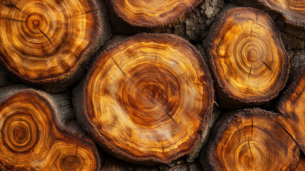 Fototapeta premium Close-up of a cut tree with wood texture, surrounded by a pile of wood, blending natural elements with a cozy, baked feel