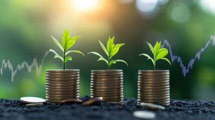 Coins stacked with growing plants symbolizing investment, financial growth, sustainability in business, and the connection between nature and economy in agriculture.