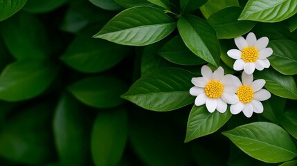 White Daisies on Green Foliage:  A delicate trio of white daisies with bright yellow centers blooms amidst lush green foliage, a vibrant pop of color against a natural backdrop.