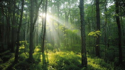 Fototapeta premium Sunlight streams through the trees of a green forest.