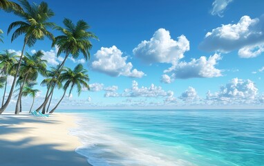 Tropical beach with crystal-clear turquoise waters, soft white sand, and tall palm trees swaying under a bright blue sky, creating a paradise-like atmosphere