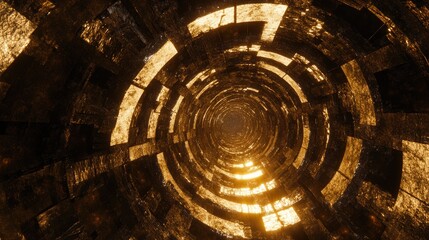 Abstract Golden Tunnel with Futuristic Geometric Patterns and Warm Lighting