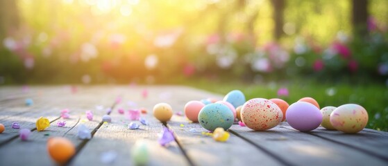 Colorful Easter eggs scattered on wooden deck in sunny garden, symbolizing spring celebration and family traditions during Easter festivities and egg hunts.