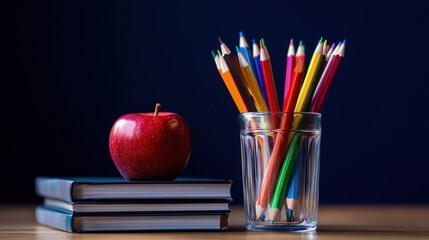 Colorful pencils in a glass jar beside an apple and stacked books on a wooden table, representing education, creativity, and academic success.
