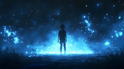 Naklejka premium A child stands amidst glowing blue particles at night