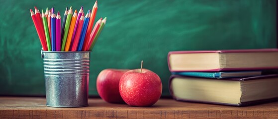 Colorful pencils in a metal cup, red apples, and stacked books on wooden desk in front of green chalkboard, perfect for educational themes and classroom settings.