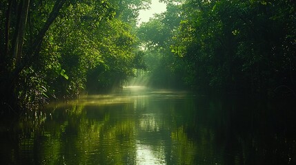 Sunbeams illuminate a tranquil jungle river.