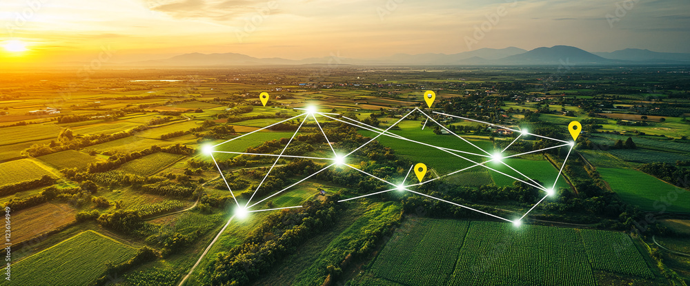 Poster aerial view of a rural agricultural landscape with glowing location markers and digital network line