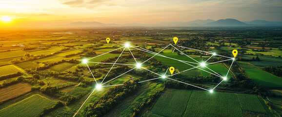 Aerial view of a rural agricultural landscape with glowing location markers and digital network lines, symbolizing the connection and technology used in modern farming.