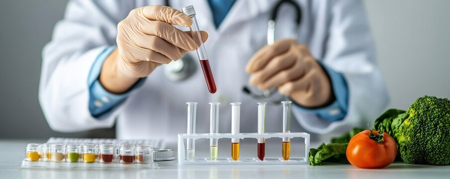 A scientist in a lab coat conducts food analysis, using test tubes filled with various colored liquids alongside fresh vegetables.