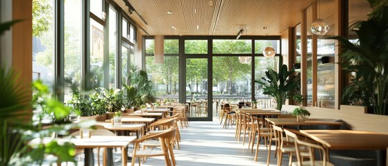 Fototapeta premium Cozy cafÃ© interior with modern design, wooden furniture, and large windows showcasing greenery outside, perfect for gatherings, meetings, or casual dining.