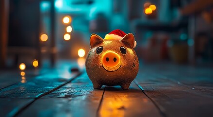 In a scene of vibrant movement, a golden-glowing piggy bank with a Santa hat comes to life. The blurred lines and action poses contribute to its radiant and luxurious appearance