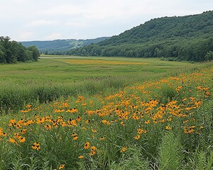 Fototapeta premium Lush green meadow with vibrant orange wildflowers, hills, and river valley in the background.