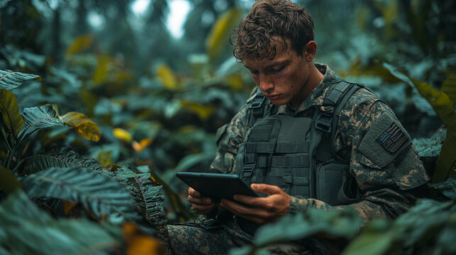 Soldier using a tablet in a lush forested area for research.