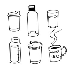 Cups of coffee and water hand drawn doodle style for habit tracker sticker . Stationery notebook on isolate background.