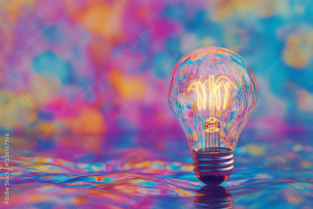 Aufkleber A glowing light bulb on a reflective surface with colorful, abstract blurred background showcasing creativity, inspiration, and innovative thinking.