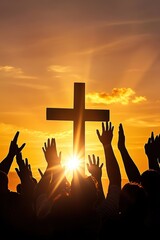Cross, sunset and worshippers raising hands in praise during a religious gathering. Spiritual connection, faith community and celebration of hope and devotion.