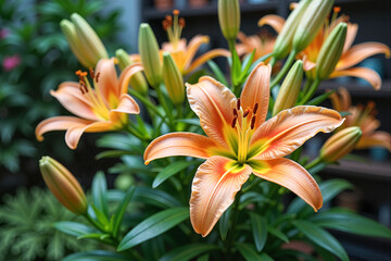 Fototapeta premium Elegant orange lily arrangement surrounded by rich greenery in an indoor garden exhibit, showcasing floral beauty and tranquility.
