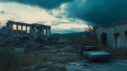 Post-apocalyptic ruins with a damaged car and building remnants under a cloudy sky