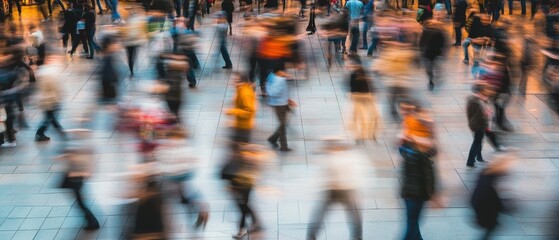 Crowd of blurred pedestrians moving through a busy urban area, conveying the hustle and bustle of city life, showcasing diversity and social interactions among people.