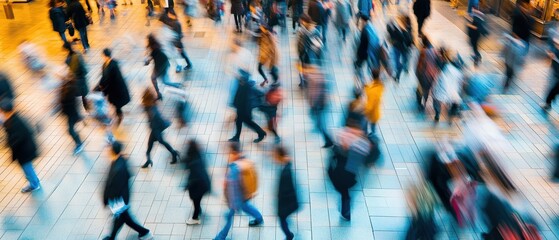 Crowd of busy pedestrians in urban city center, motion blur capturing hustle and bustle of daily life, commuting, and urban dynamics in a metropolitan environment.