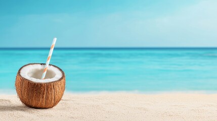 Tropical Bliss: Refreshing Coconut Drink on a Sun-Kissed Beach
