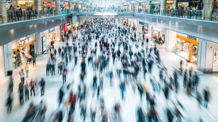 Crowd of people moving through a busy shopping mall with stores in background, capturing the hustle and bustle of everyday consumer activity in urban environment.
