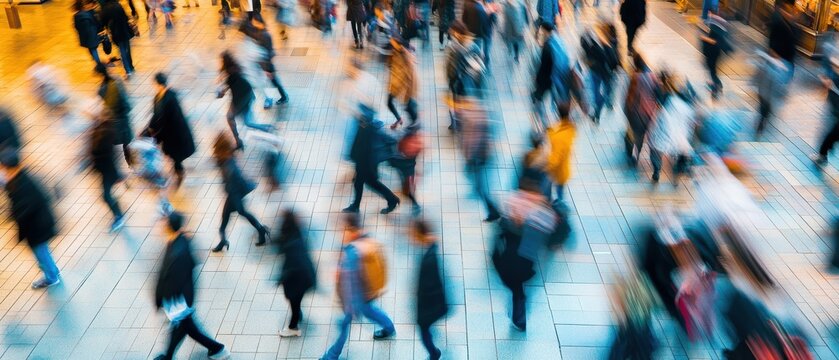 Crowd of busy pedestrians in urban city center, motion blur capturing hustle and bustle of daily life, commuting, and urban dynamics in a metropolitan environment.