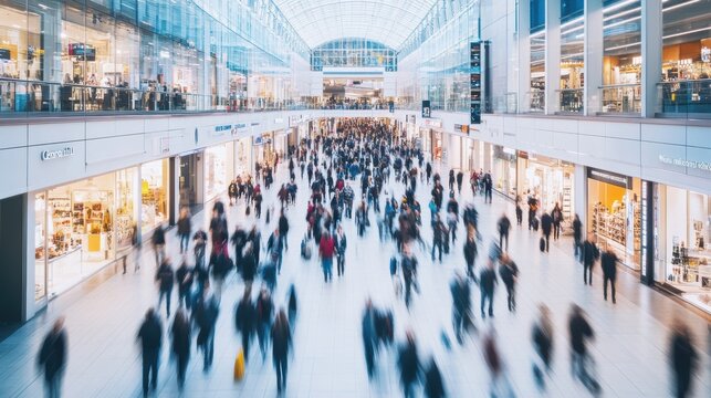 Crowd of people walking in a busy shopping mall with bright storefronts, showcasing consumer behavior and retail activities in a vibrant urban environment.