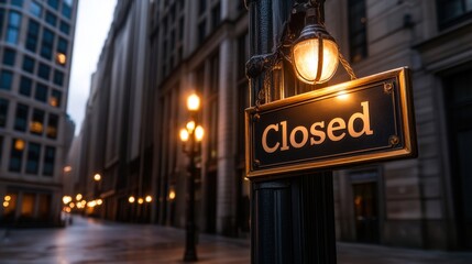 Obraz premium A close-up of a Closed sign illuminated by a vintage streetlight in an empty urban street, evoking a moody, tranquil atmosphere, Perfect for business articles, blogs, or marketing on closures,