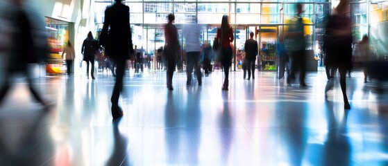 Crowd of people walking in a busy urban area with blurred movement, showcasing city life, hustle and bustle in a contemporary environment, collective energy.