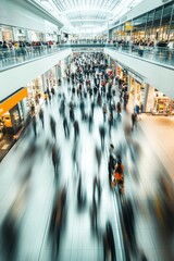 Obraz premium Crowd of people walking through a busy shopping mall with blurred motion, showcasing consumer behavior in retail environment, urban lifestyle and modern architecture.