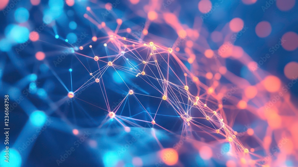 Poster Abstract network connection, glowing nodes and lines, digital technology background.
