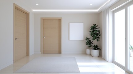 Modern hallway interior design, two doors, potted plants, sunlight