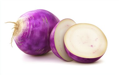 Whole and sliced turnip with white and purple skin and crisp interior isolated on a white background