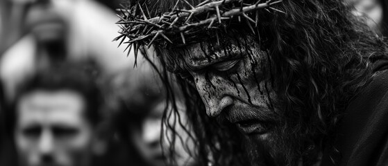 Crown of thorns and sorrowful expression during a religious reenactment, portraying themes of sacrifice and faith in a dramatic black and white scene.