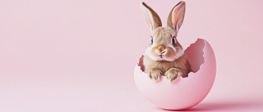Cute rabbit emerging from a cracked egg on a pastel pink background, symbolizing new beginnings and Easter celebrations. Perfect for springtime and festive themes.