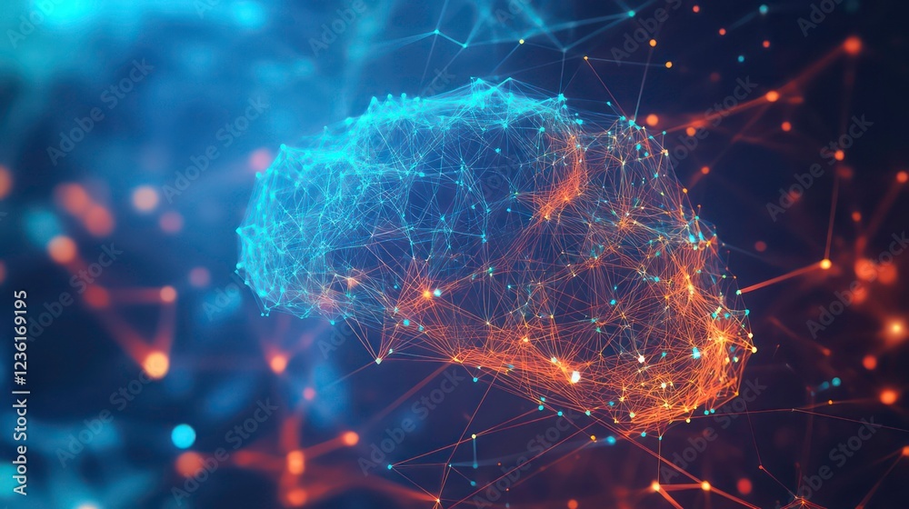 Poster abstract digital brain representation with glowing nodes and connections.