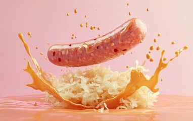 Wiener sausage floating with sauerkraut and horseradish sauce splashes on a pastel backdrop