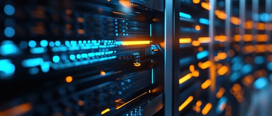 Naklejka premium Data center, server racks with illuminated LED lights, technology infrastructure for cloud computing, digital storage, and network connectivity in modern IT environment.