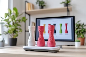 A modern design studio with 3D-printed objects, holographic displays, and a digital sculpting tool, Tech-creative style, Cool metallic and neon tones, Futuristic lighting