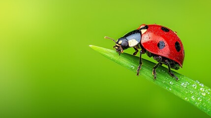 Fototapeta premium Red Ladybug On Dew Covered Green Grass Blade