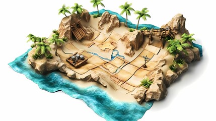 Detailed Treasure Map Illustration with Tropical Landscape Elements
